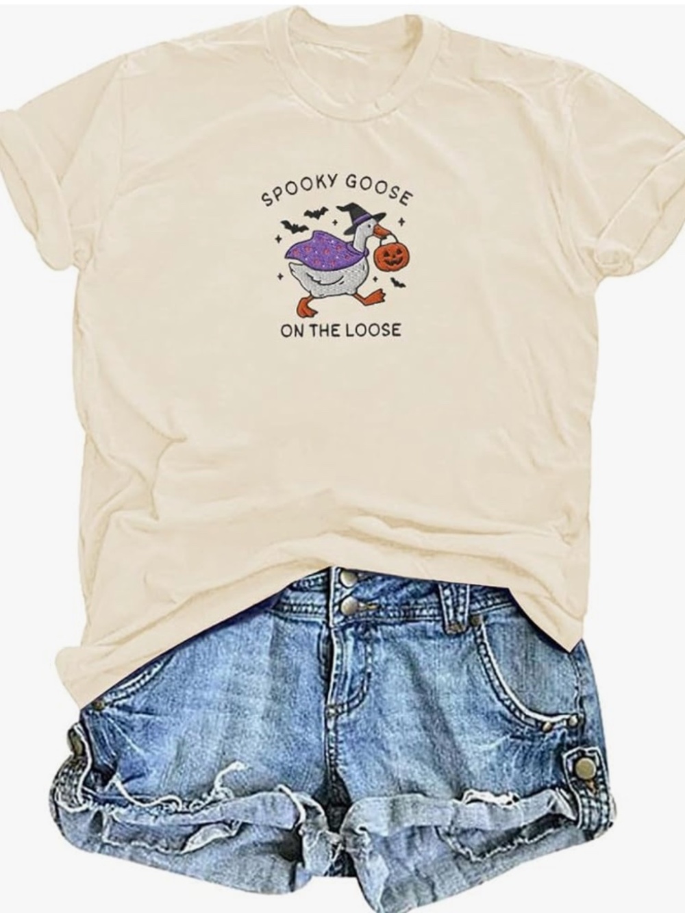 Sewn Embroidered Autumn Fall Graphic Tee   featuring a playful 'Spooky Goose On